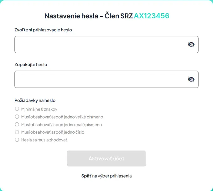 Nastavenie hesla v eSRZ